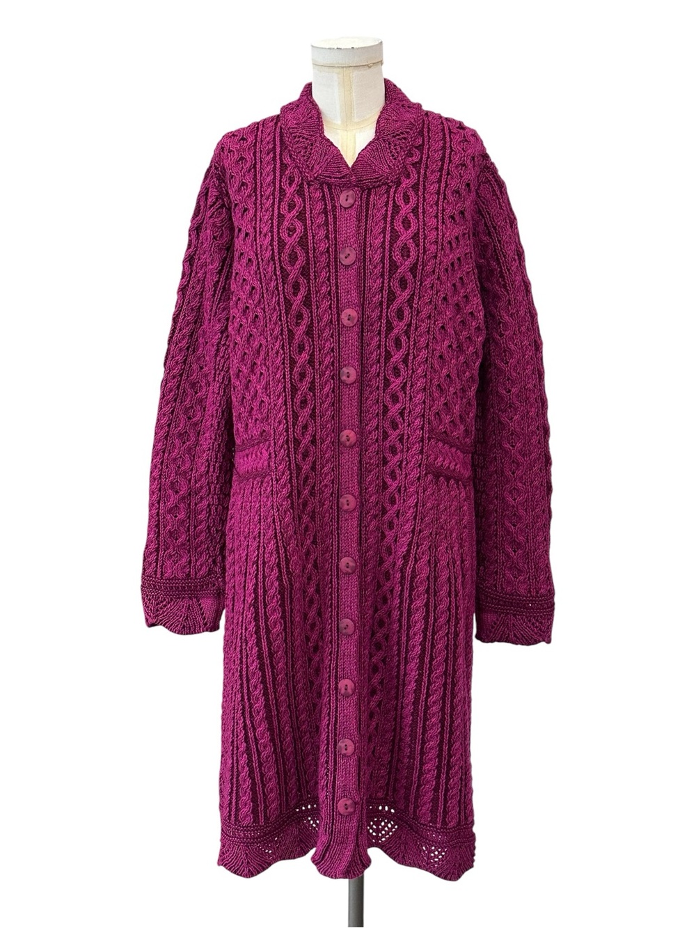 Aran Crafts Ireland Merino Wool Cable Knit Longline Cardigan Sweater Coat XL